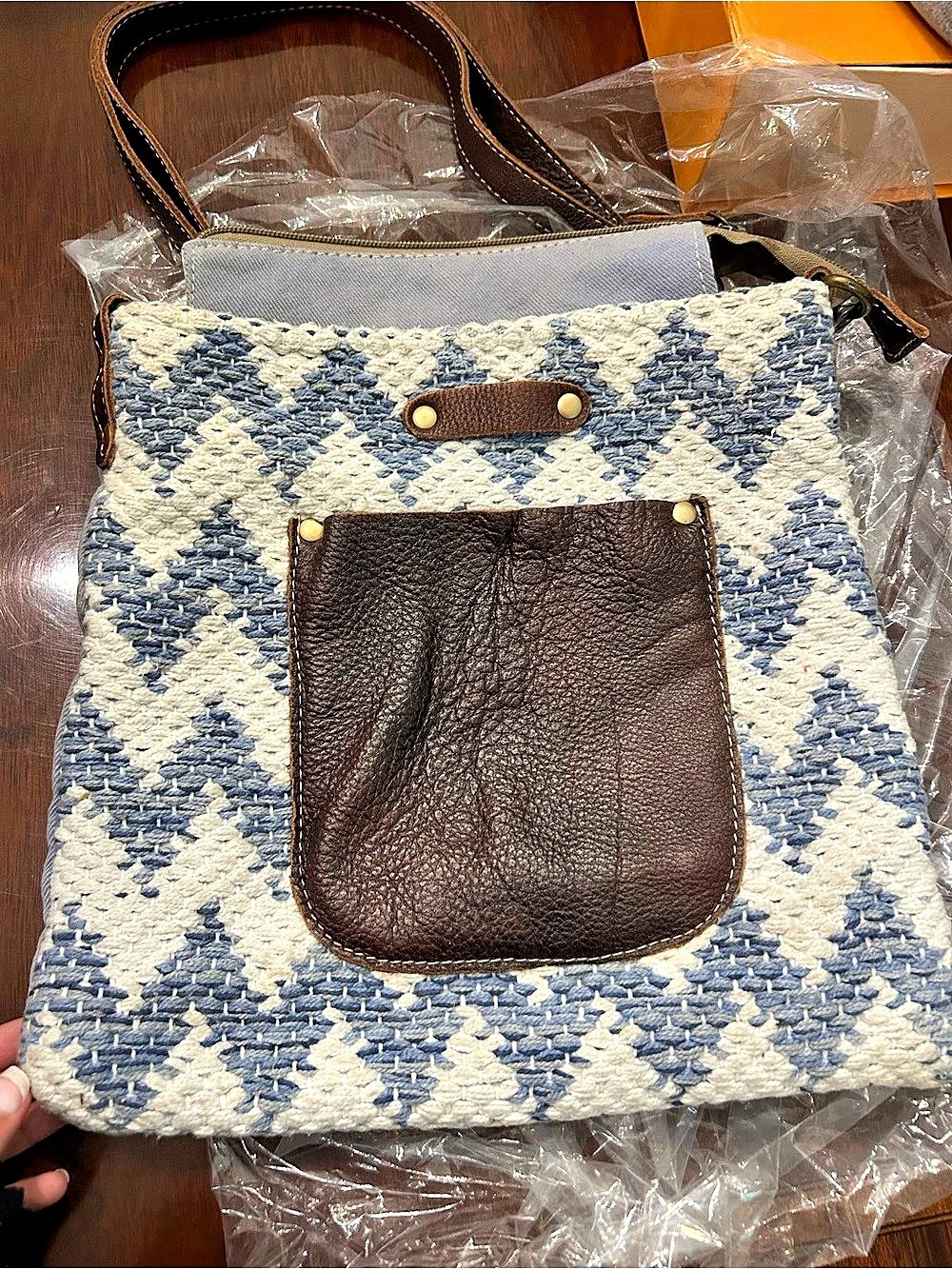 Myra Bag Woven Geometric Crossbody Blue & White Like New